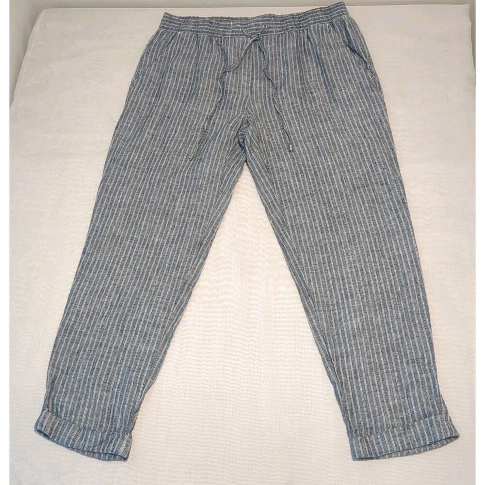 Adrienne Vittadini Womens S Nautical Linen Pants Blue Striped Casual Cuffed